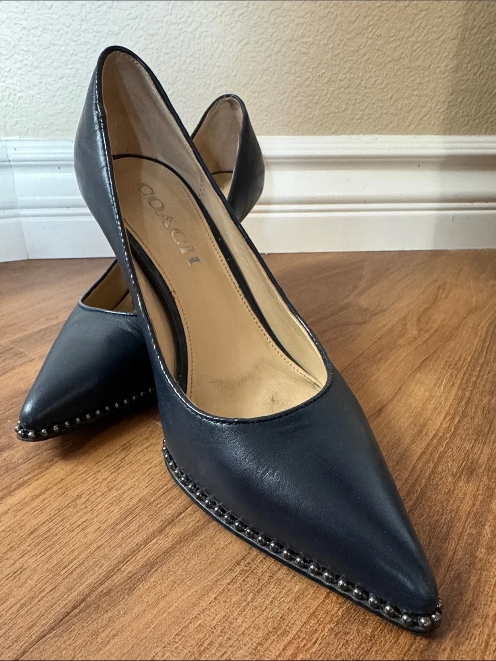 Coach Navy Pointed-Toe Leather Pumps with Stud Trim